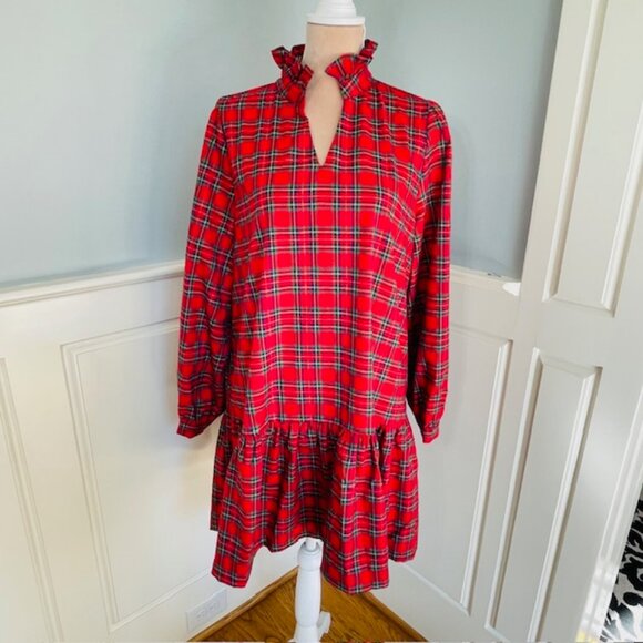 Jodifl Plaid Tartan Red Dress Ruffle Stand Collar Long Sleeve Tiered NWT Large - Picture 2 of 10